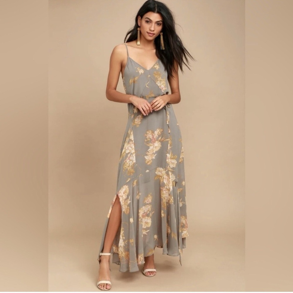 Lulu's Floral Maxi Dress in Gray and Cream